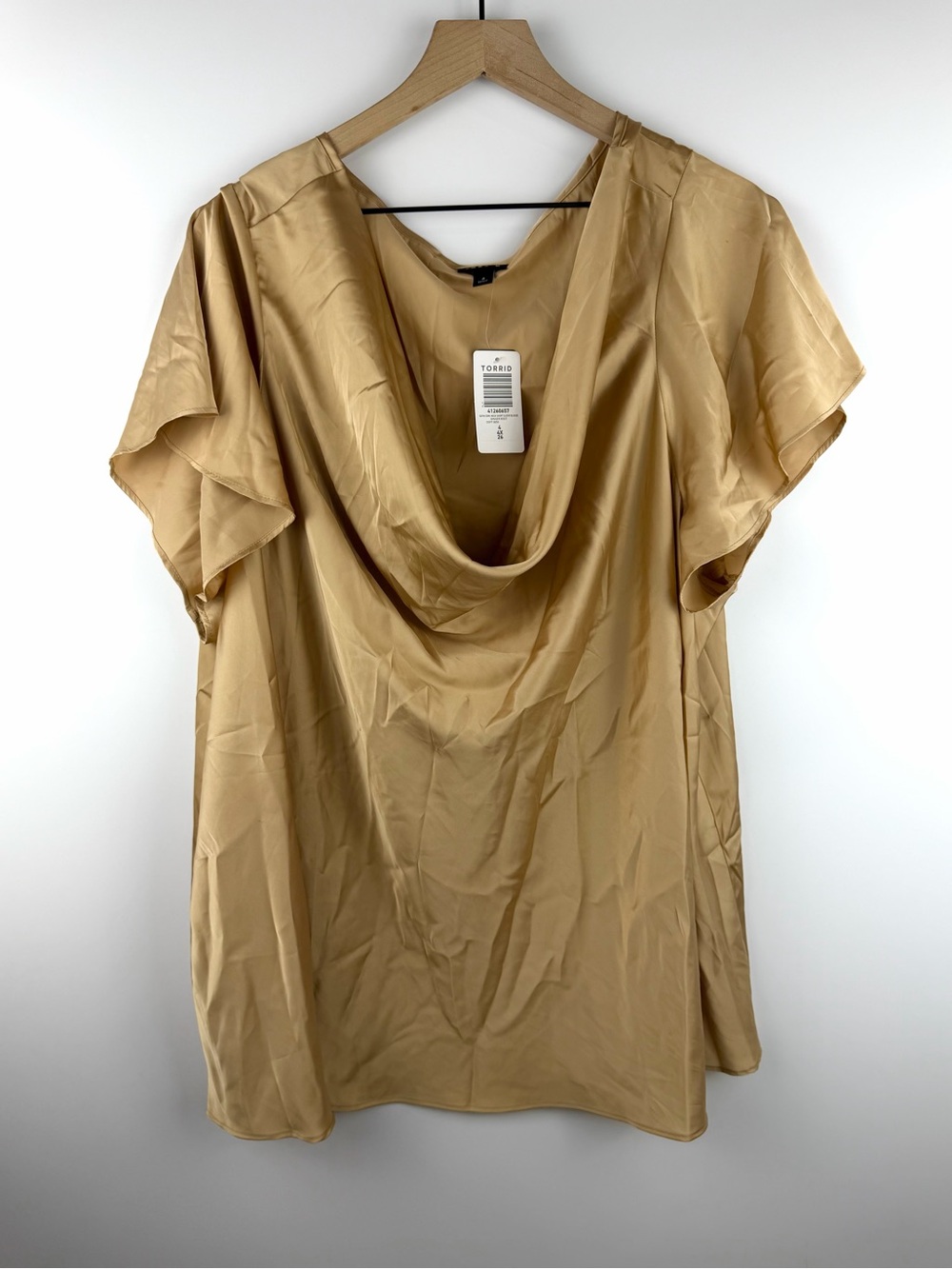 Torrid Women's Gold Cowl Neck Blouse Size 4, Ruched, Short Sleeve Pullover NWT